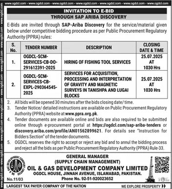 Oil & Gas Development Company Limited Islamabad Tender Notice